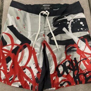 Dry Dudz Board Shorts Mens XL Red Black Gray Graffiti Swim Trunks Polyester QMS